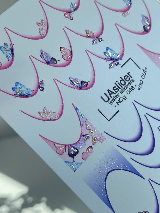 Nail Water Decal NCg-046 | French Water Slide Nail Decals | Gradient Tips with Butterflies
