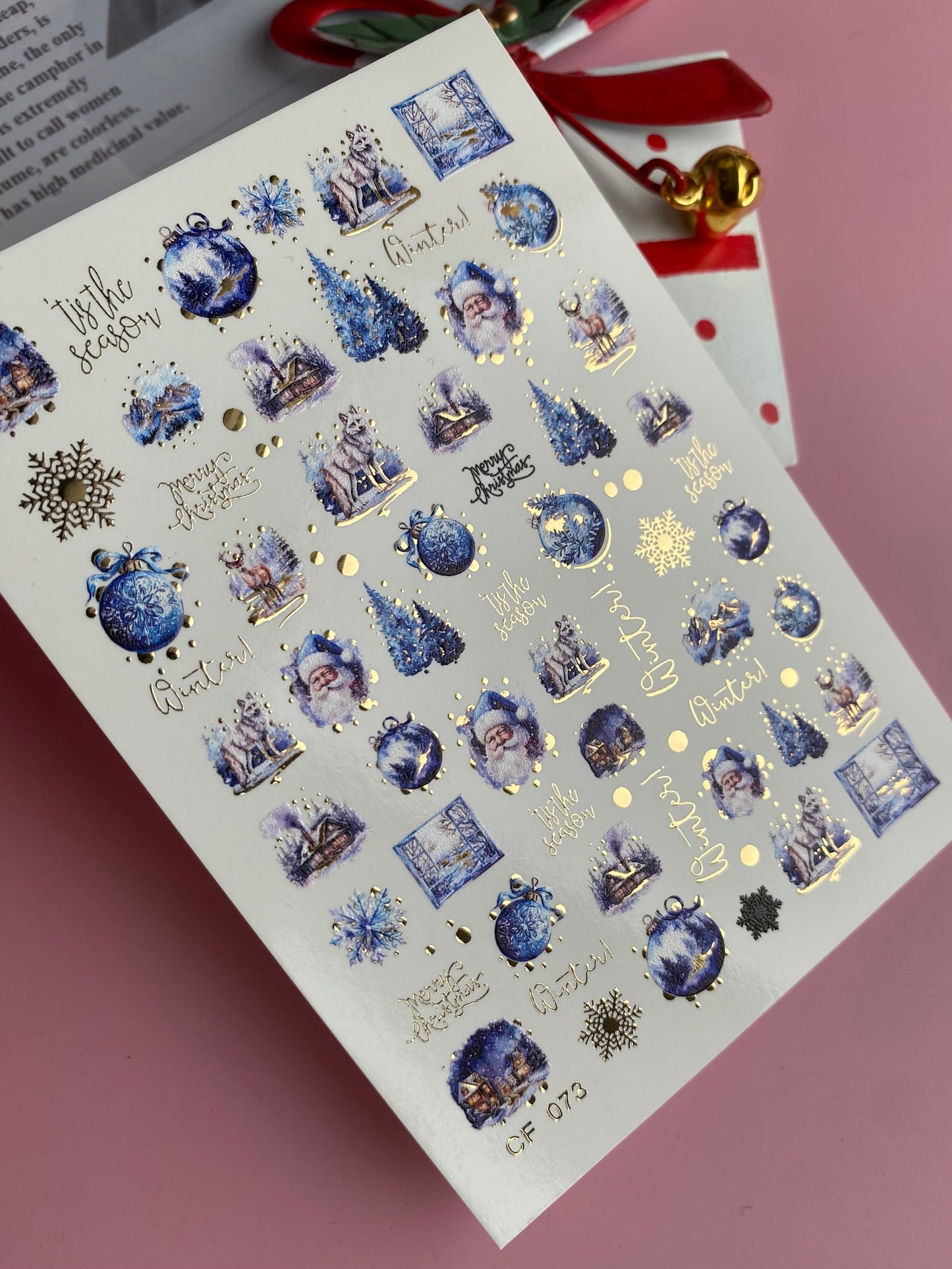 Nail Water Decal CF-073 | Winter Nail Art Water Decals | Blue Christmas Ornaments, Santa Claus, Reindeer and Snowy Trees