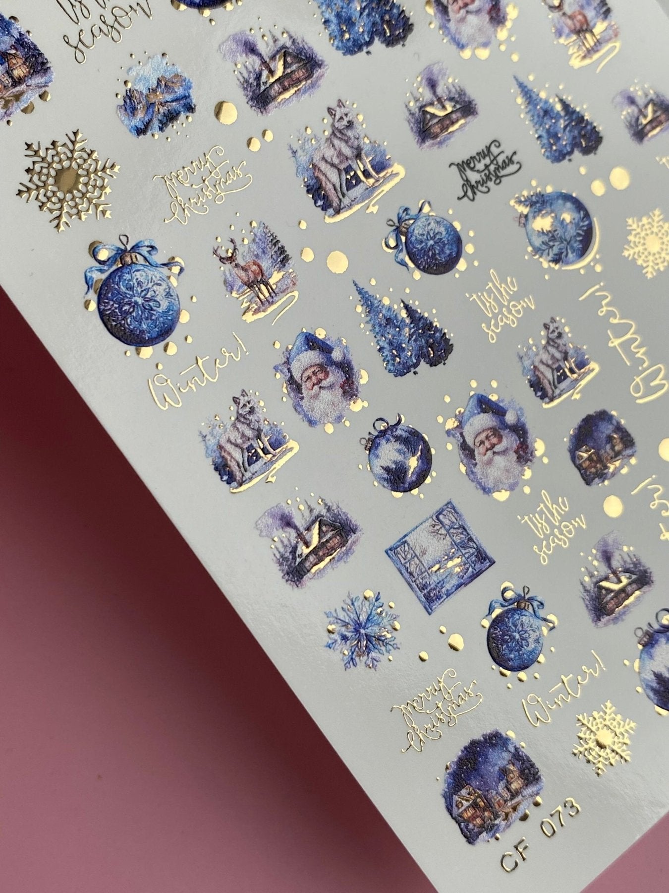Nail Water Decal CF-073 | Winter Nail Art Water Decals | Blue Christmas Ornaments, Santa Claus, Reindeer and Snowy Trees - UASLIDER