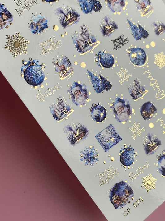 Nail Water Decal CF-073 | Winter Nail Art Water Decals | Blue Christmas Ornaments, Santa Claus, Reindeer and Snowy Trees