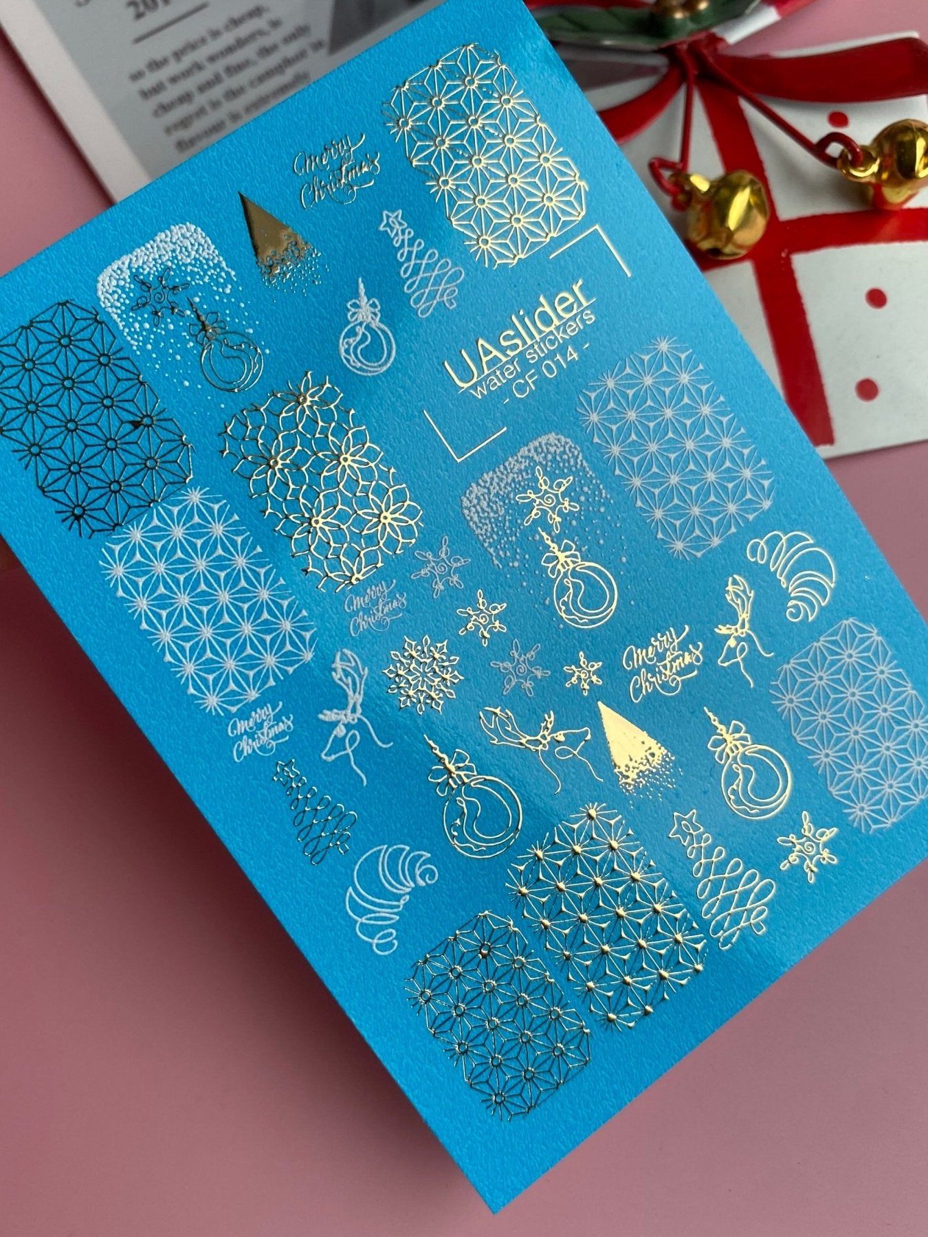 Nail Water Decal CF-014 | Christmas Water Slide Nail Decals, Gold Foil Snowflakes and Geometric Patterns - UASLIDER