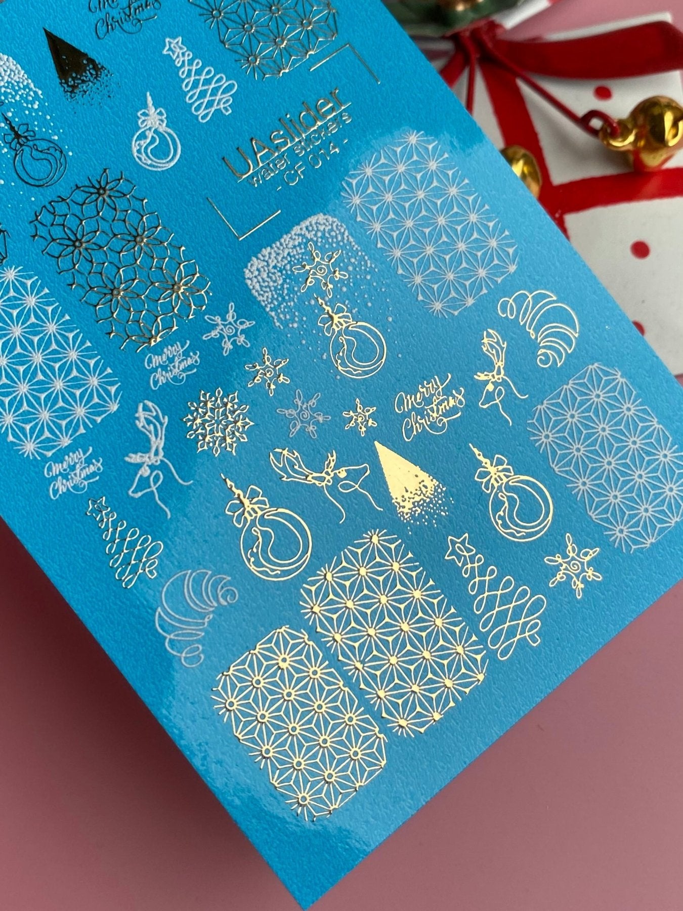Nail Water Decal CF-014 | Christmas Water Slide Nail Decals, Gold Foil Snowflakes and Geometric Patterns - UASLIDER