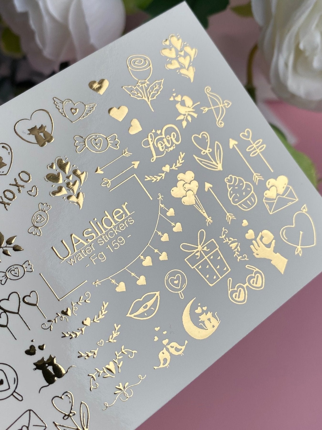 Nail Water Decal Fg-159 | Gold Foil Water Slide Nail Decals | Romantic Love & Cute Accents - UASLIDER