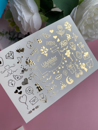 Nagel Wasserabziehbild Fg-159 | Goldfolie Wasserabzieh-Nagelbilder | Romantische Liebe & Niedliche Akzente