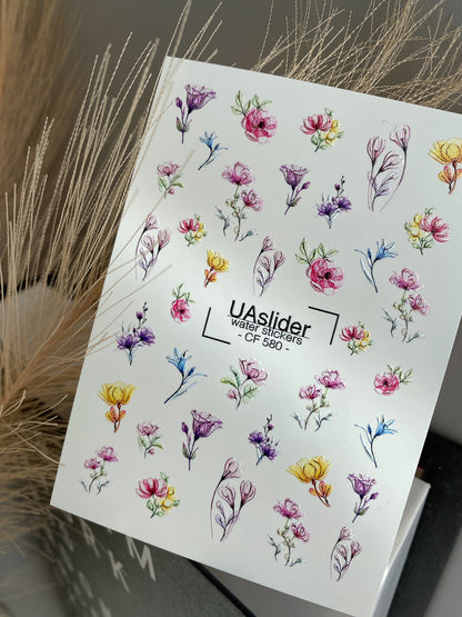 Köröm víz matrica CF-580 | Vízsikló köröm matricák színes vadvirágokkal | Virágos köröm művészeti minták