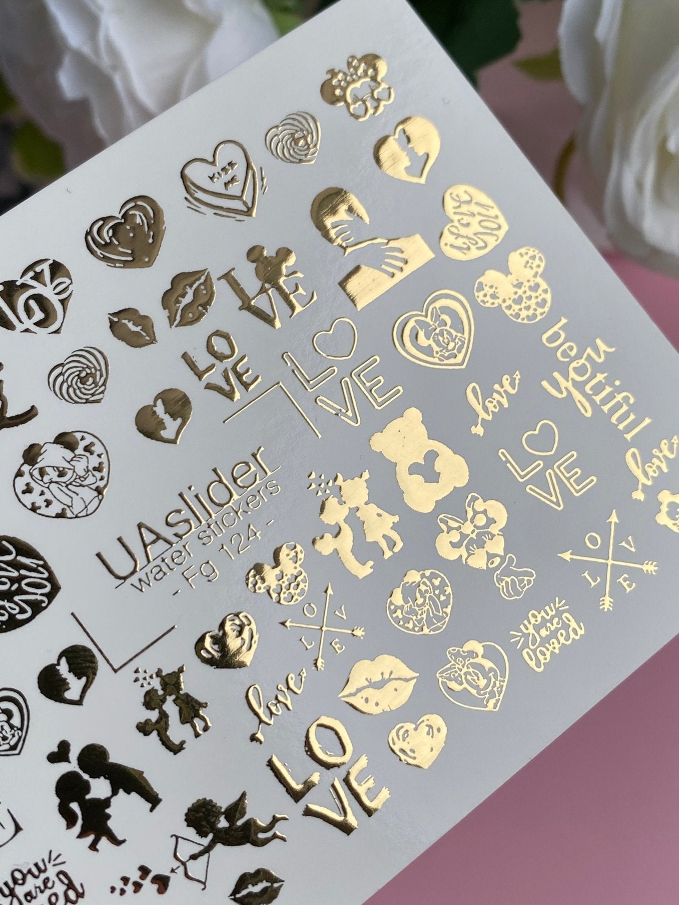 Nail Water Decal Fg-124 | Water Slide Nail Decals with Gold Hearts & Love Quotes | Romantic Valentine - UASLIDER