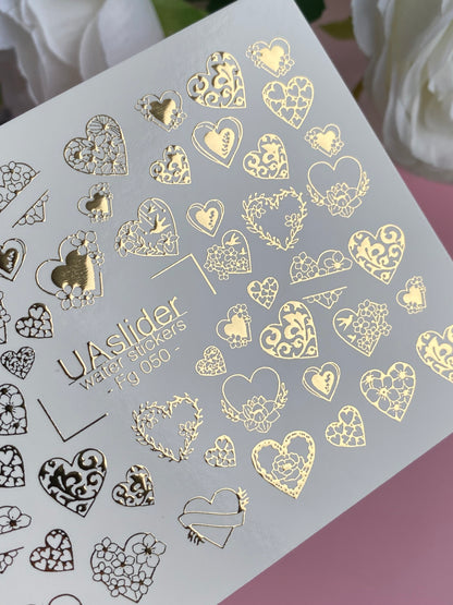 Nail Water Decal Fg-050 | Water Slide Nail Decals Gold Hearts | Floral and Lace Romantic Nail Art