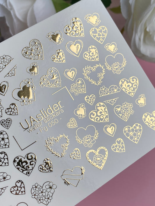 Nail Water Decal Fg-050 | Water Slide Nail Decals Gold Hearts | Floral and Lace Romantic Nail Art