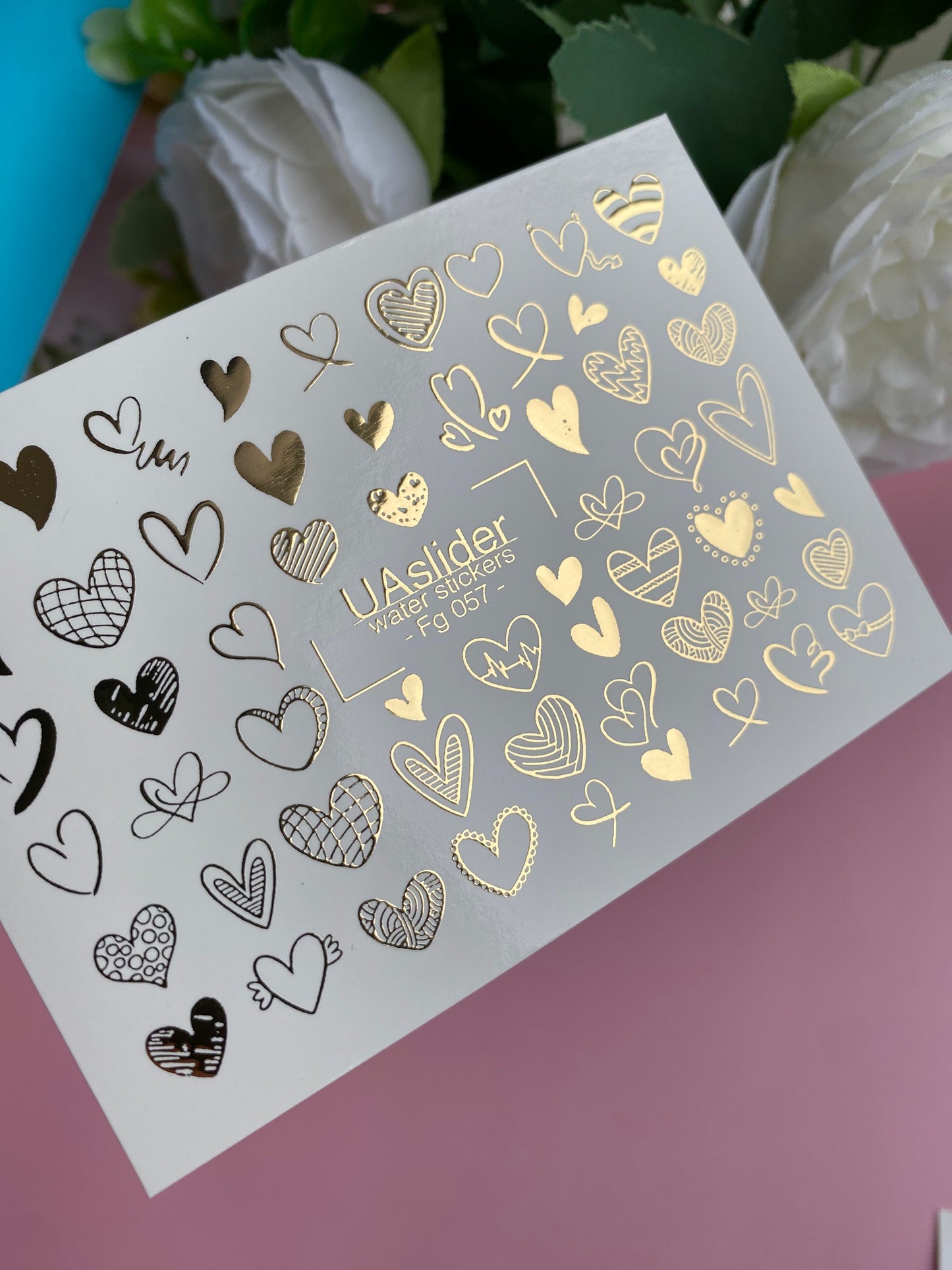 Nail Water Decal Fg-057 | Water Slide Nail Decals Hearts Gold | Romantic Nail Tattoos Love Design