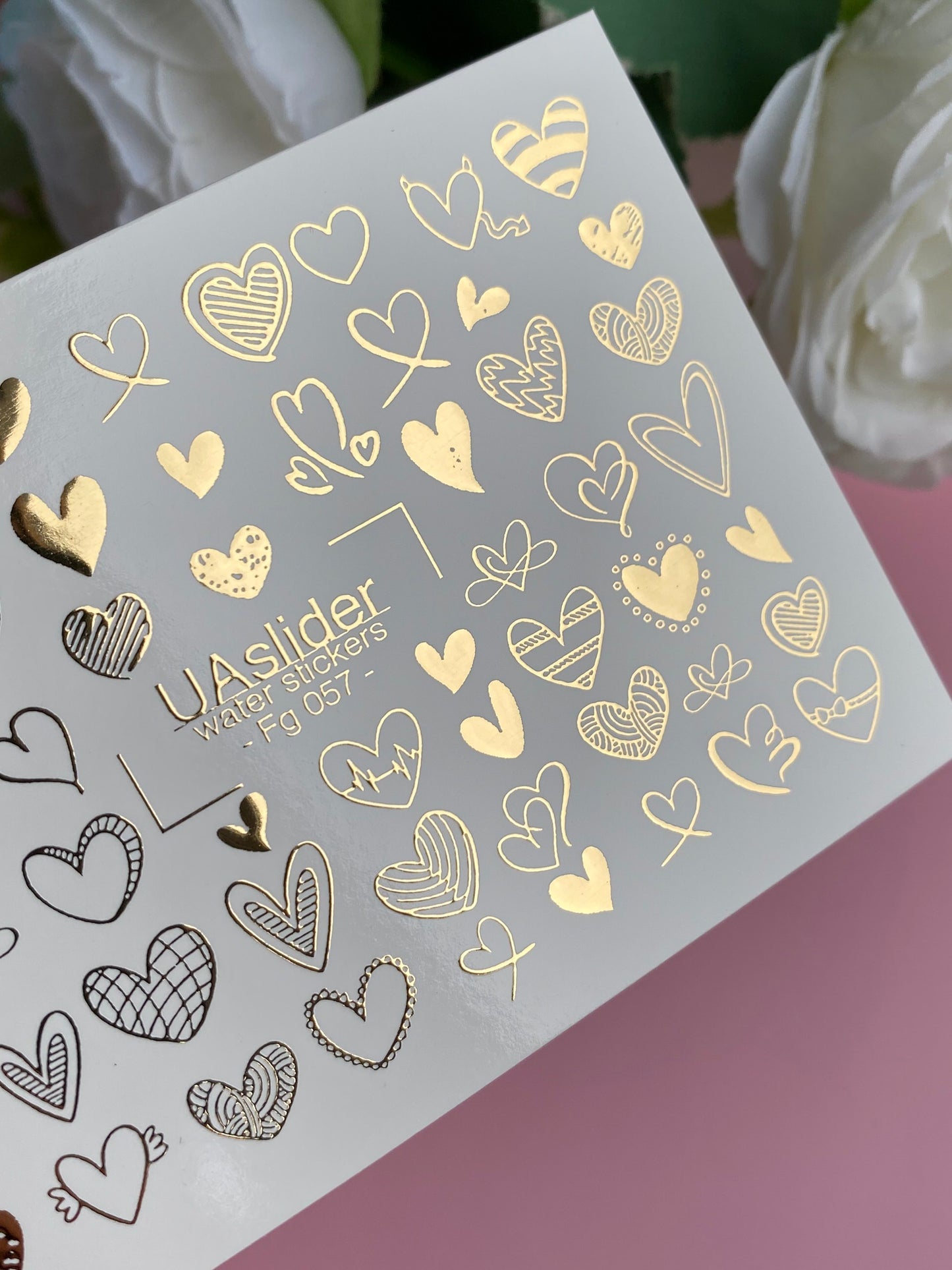 Nail Water Decal Fg-057 | Water Slide Nail Decals Hearts Gold | Romantic Nail Tattoos Love Design