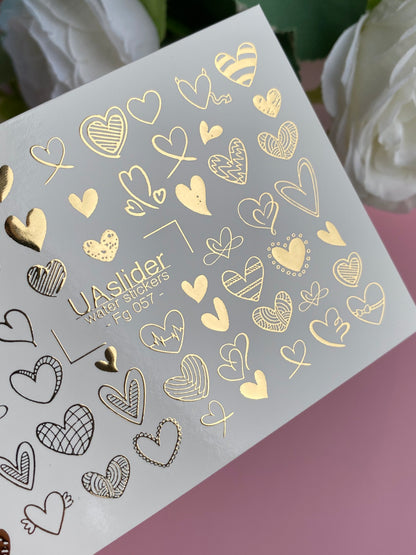 Nail Water Decal Fg-057 | Water Slide Nail Decals Hearts Gold | Romantic Nail Tattoos Love Design