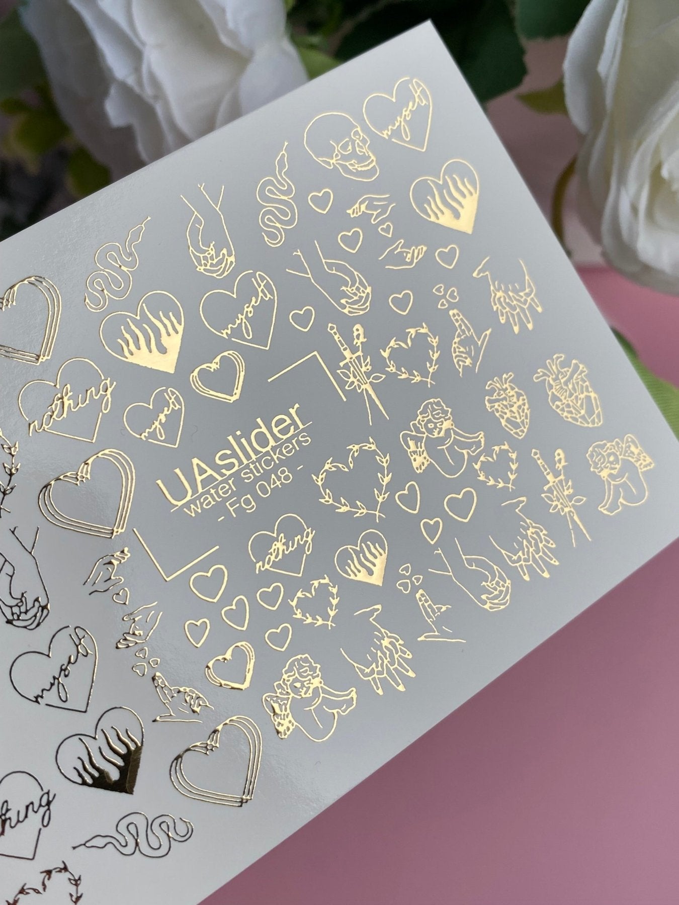 Nail Water Decal Fg-048 | Water Slide Nail Decals Golden Hearts | Anatomical Heart, Snake and Cupid Nail Art - UASLIDER