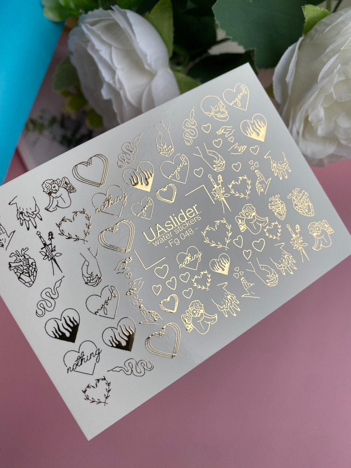 Nail Water Decal Fg-048 | Water Slide Nail Decals Golden Hearts | Anatomical Heart, Snake and Cupid Nail Art - UASLIDER