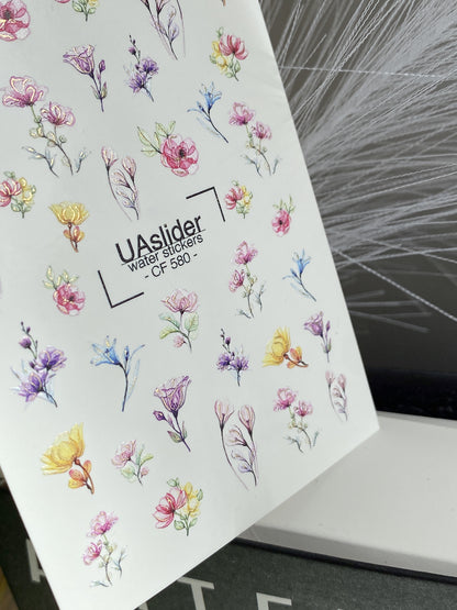 Köröm víz matrica CF-580 | Vízsikló köröm matricák színes vadvirágokkal | Virágos köröm művészeti minták