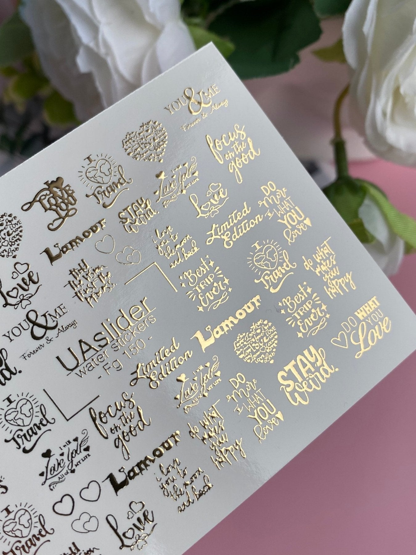 Nail Water Decal Fg-150 | Gold Foil Water Slide Nail Decals | Romantic & Motivational Quotes - UASLIDER
