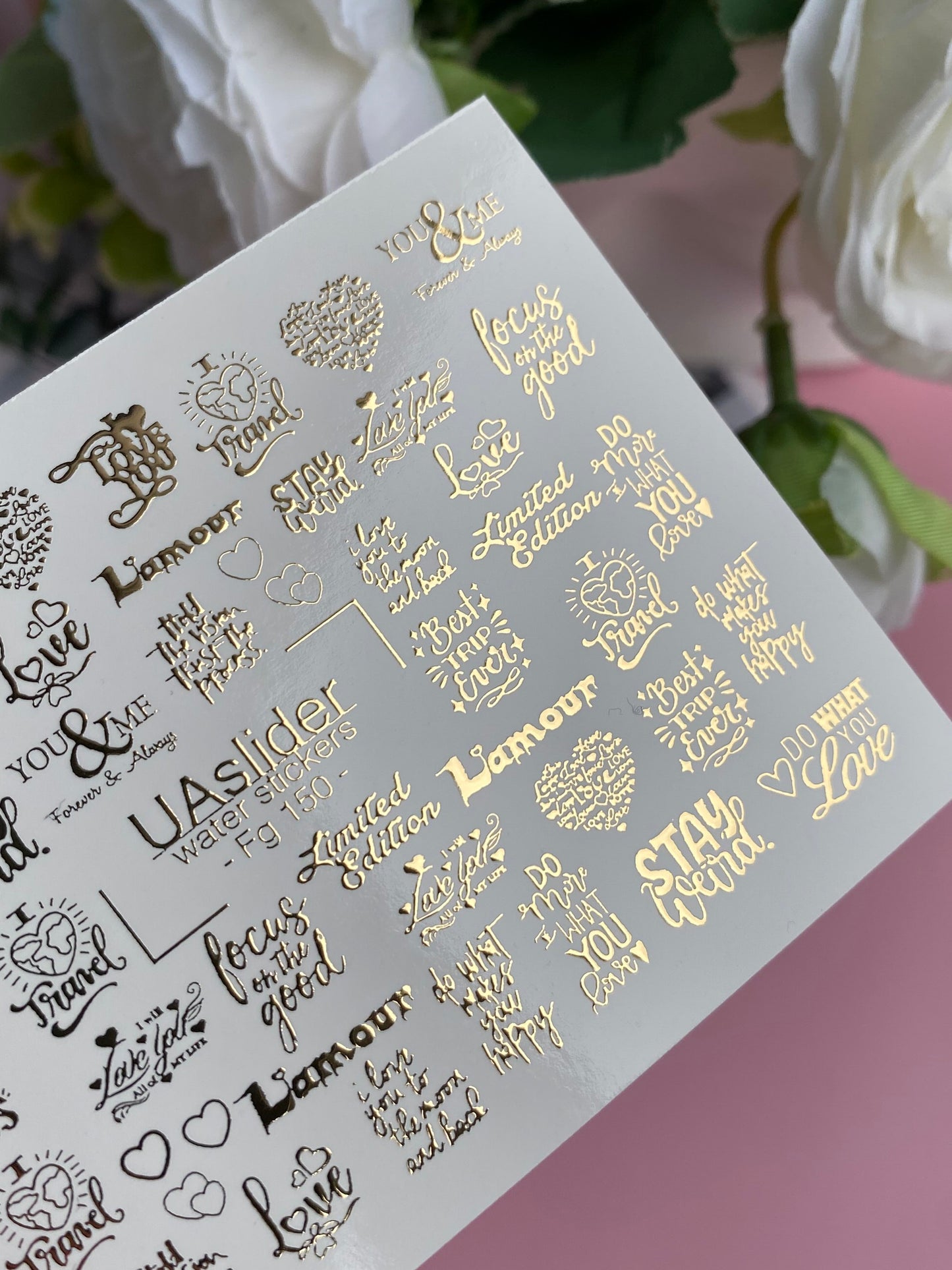 Nagel Wasserabziehbild Fg-150 | Goldfolie Wasserabzieh-Nagelbilder | Romantische & Motivierende Zitate