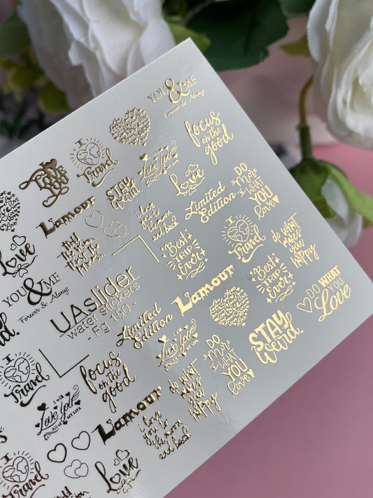 Nail Water Decal Fg-150 | Gold Foil Water Slide Nail Decals | Romantic & Motivational Quotes