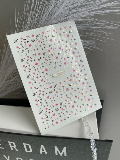 Nagel Water Decal CF-578 | Water Slide Nagel Decals met Roze en Witte Bloemen | Mini Bloemige Nagelkunst met Gouden Details
