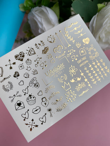 Nail Water Decal Fg-151 | Gold Foil Water Slide Nail Decals | Romantic Love Symbols