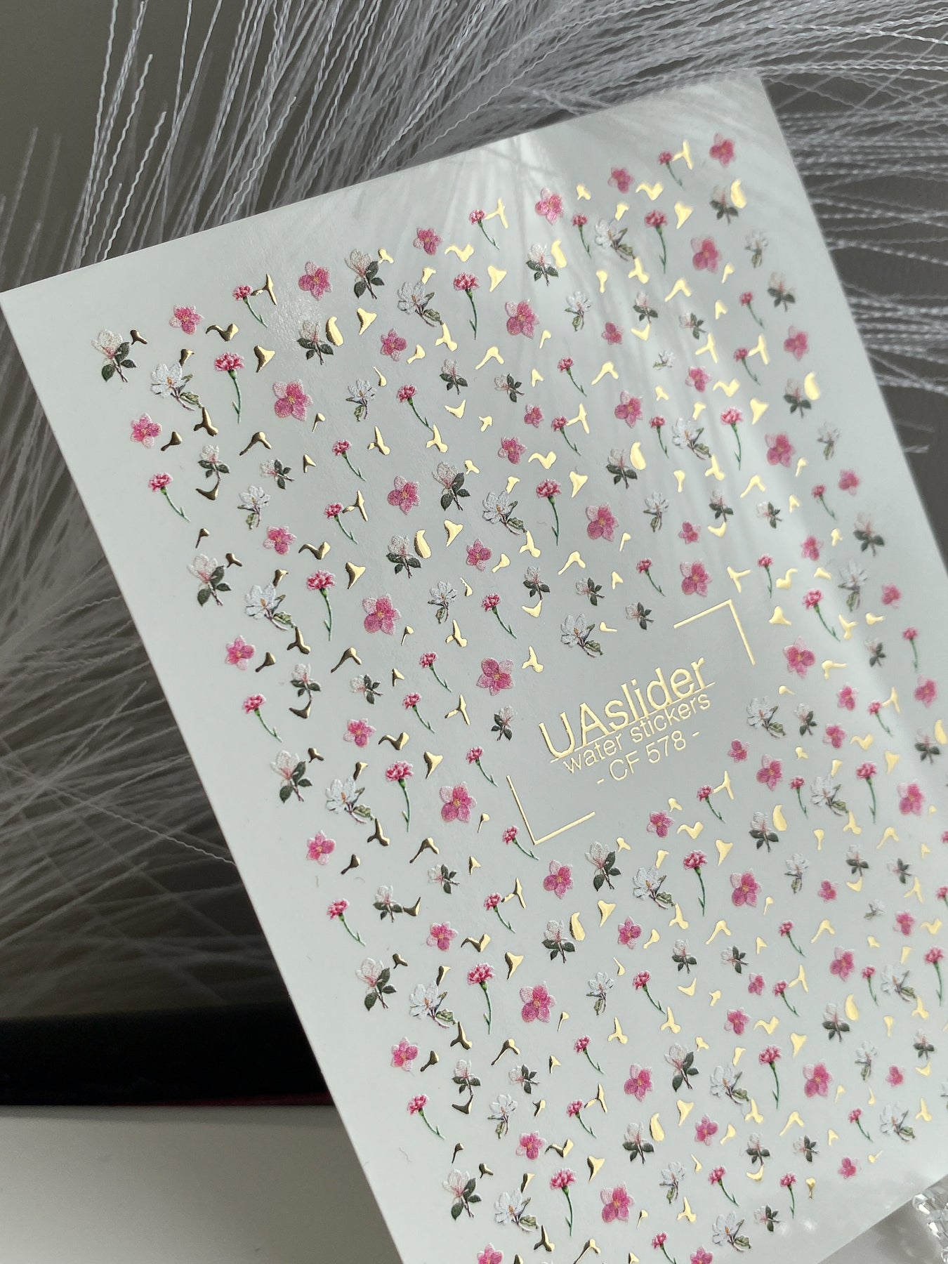 Nail Water Decal CF-578 | Water Slide Nail Decals with Pink and White Flowers | Mini Floral Nail Art with Golden Details - UASLIDER