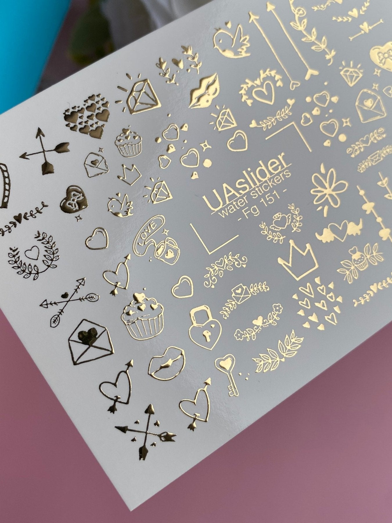 Nail Water Decal Fg-151 | Gold Foil Water Slide Nail Decals | Romantic Love Symbols - UASLIDER