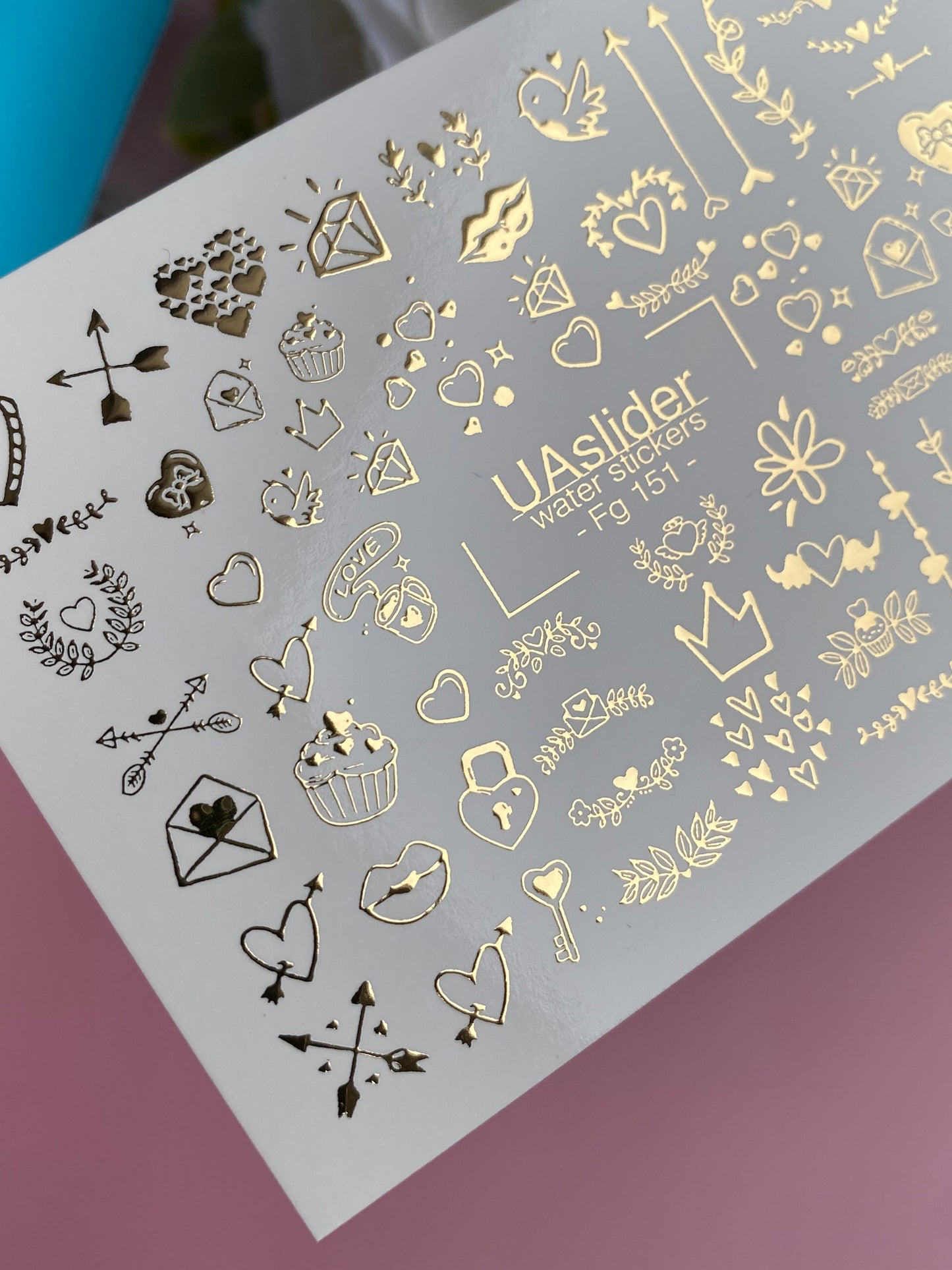 Nail Water Decal Fg-151 | Gold Foil Water Slide Nail Decals | Romantic Love Symbols