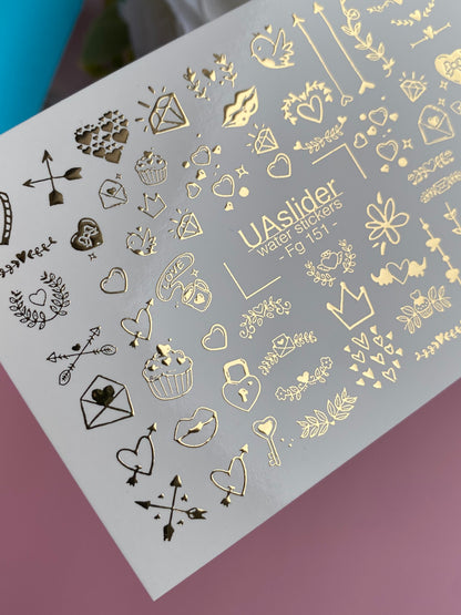 Nail Water Decal Fg-151 | Gold Foil Water Slide Nail Decals | Romantic Love Symbols