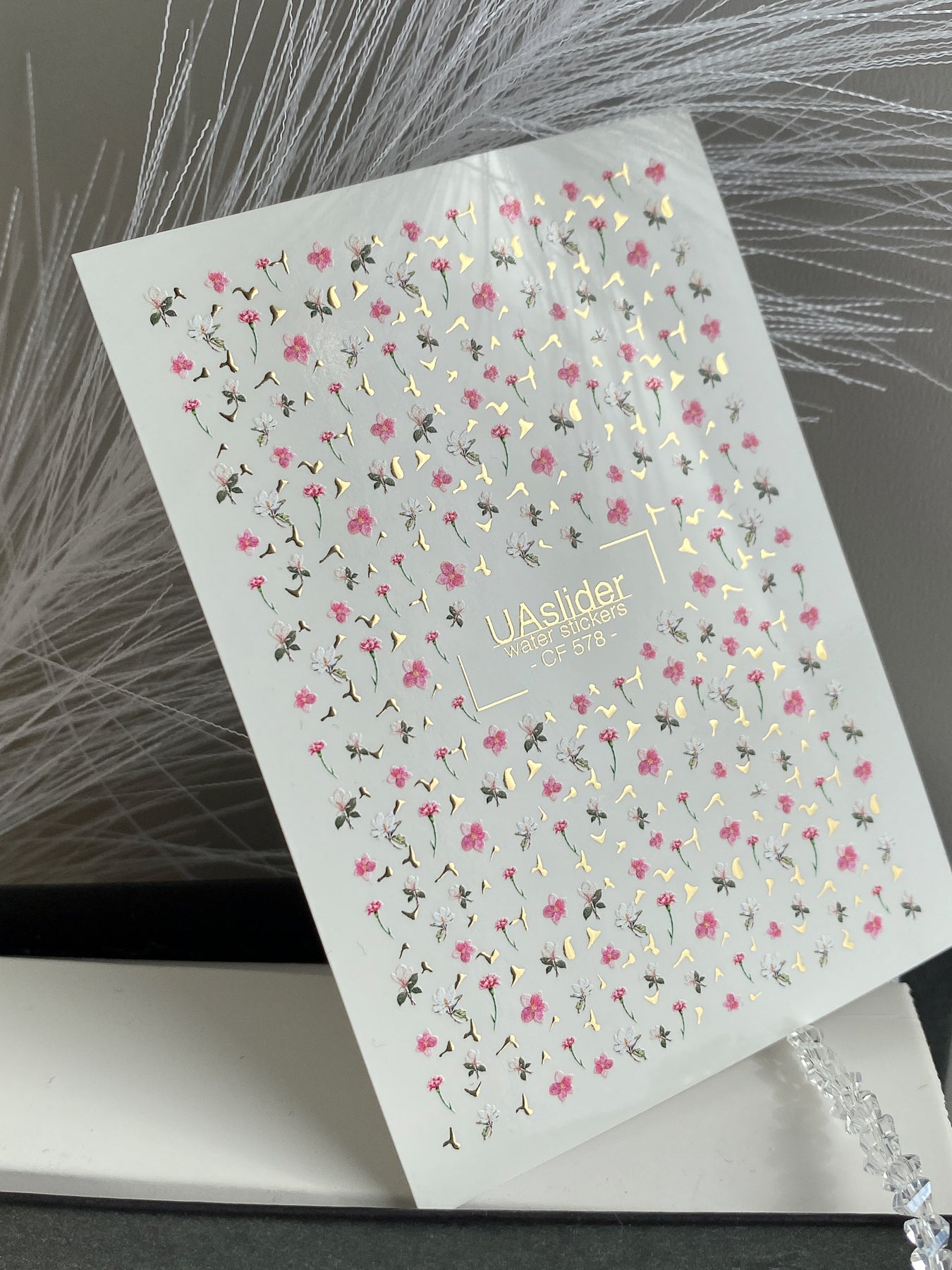 Nail Water Decal CF-578 | Water Slide Nail Decals with Pink and White Flowers | Mini Floral Nail Art with Golden Details - UASLIDER
