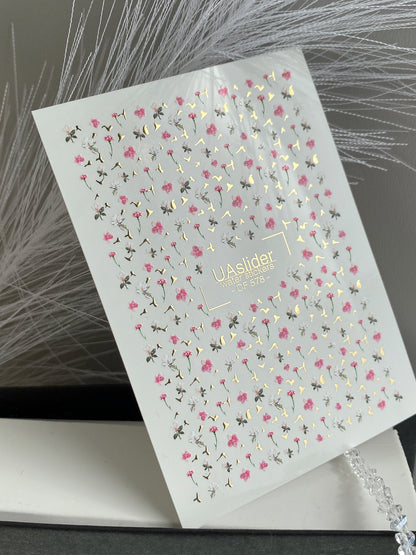 Nagel Water Decal CF-578 | Water Slide Nagel Decals met Roze en Witte Bloemen | Mini Bloemige Nagelkunst met Gouden Details