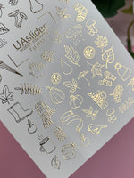 Nail Water Decal Fg-003 | Cozy Autumn Water Slide Nail Decals with Gold Foil | Leaves, Scarves & Hot Drinks - UASLIDER