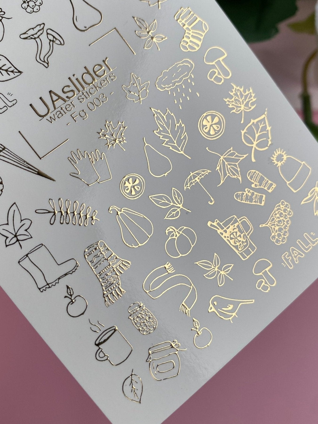 Nail Water Decal Fg-003 | Cozy Autumn Water Slide Nail Decals with Gold Foil | Leaves, Scarves & Hot Drinks - UASLIDER