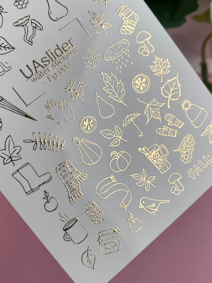 Nail Water Decal Fg-003 | Cozy Autumn Water Slide Nail Decals with Gold Foil | Leaves, Scarves & Hot Drinks