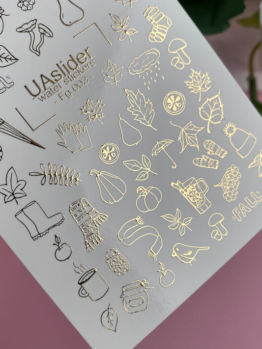 Nail Water Decal Fg-003 | Cozy Autumn Water Slide Nail Decals with Gold Foil | Leaves, Scarves & Hot Drinks