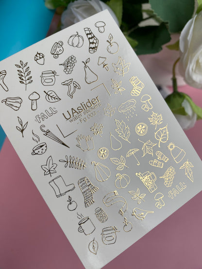 Nail Water Decal Fg-003 | Cozy Autumn Water Slide Nail Decals with Gold Foil | Leaves, Scarves & Hot Drinks