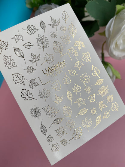 Nail Water Decal Fg-001 | Water Slide Nail Decals with Gold Foil Leaves | Autumn Nail Art