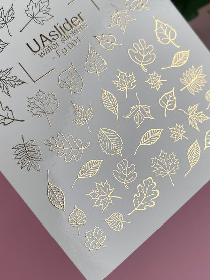 Nail Water Decal Fg-001 | Water Slide Nail Decals with Gold Foil Leaves | Autumn Nail Art