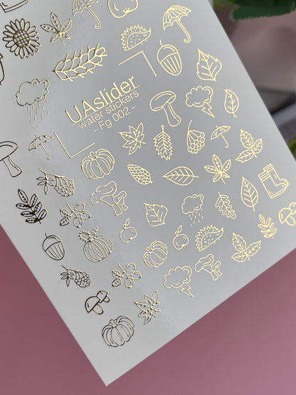 Nail Water Decal Fg-002 | Autumn Water Slide Nail Decals with Gold Foil | Pumpkins, Acorns & Umbrellas