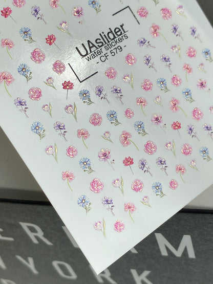 Nagel Water Decal CF-579 | Water Slide Nagel Decals met Kleurrijke Bloemen | Roze, Paarse en Blauwe Bloemige Nagelkunst