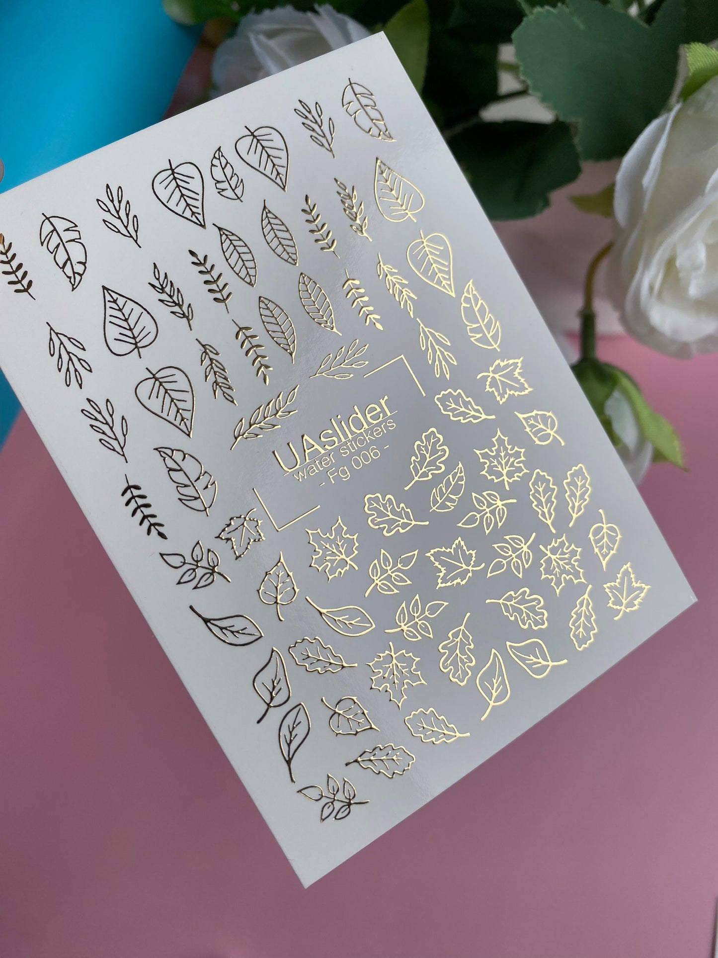 네일 워터 데칼 Fg-006 | 골드 포일 잎이 있는 워터 슬라이드 네일 데칼 | 식물성 네일 아트