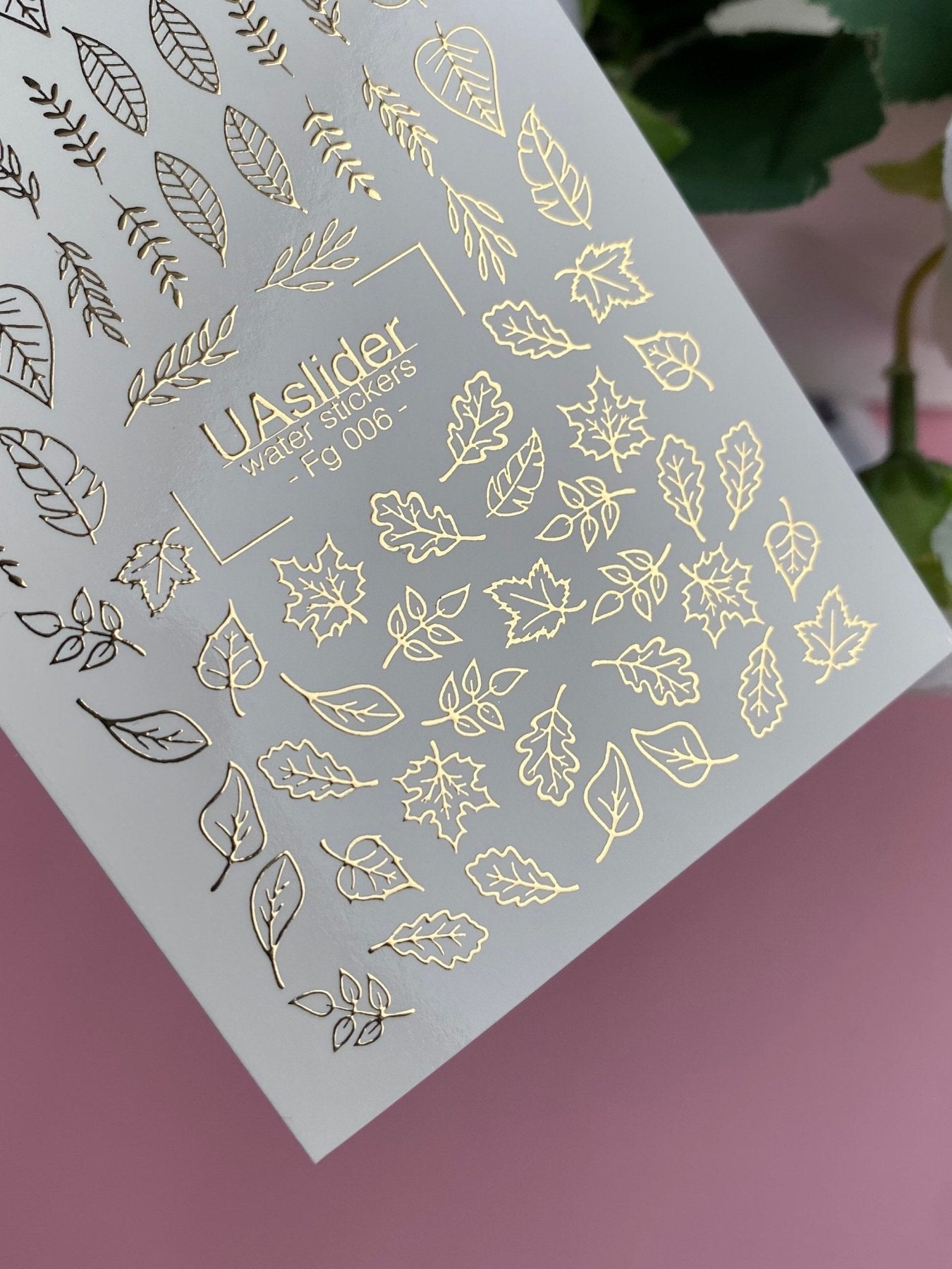 Nail Water Decal Fg-006 | Water Slide Nail Decals with Gold Foil Leaves | Botanical Nail Art - UASLIDER