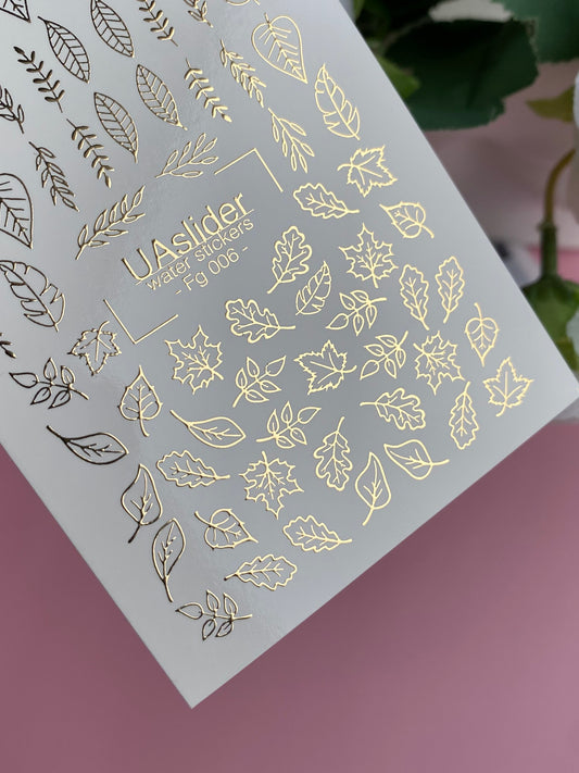 Nail Water Decal Fg-006 | Water Slide Nail Decals with Gold Foil Leaves | Botanical Nail Art