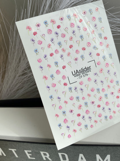Nagel Water Decal CF-579 | Water Slide Nagel Decals met Kleurrijke Bloemen | Roze, Paarse en Blauwe Bloemige Nagelkunst