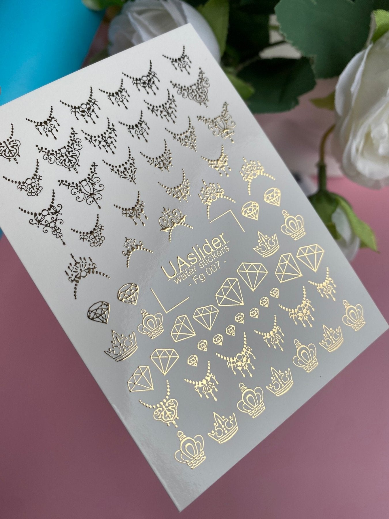 Nail Water Decal Fg-007 | Luxury Water Slide Nail Decals with Gold Foil | Crowns, Diamonds & Ornaments - UASLIDER