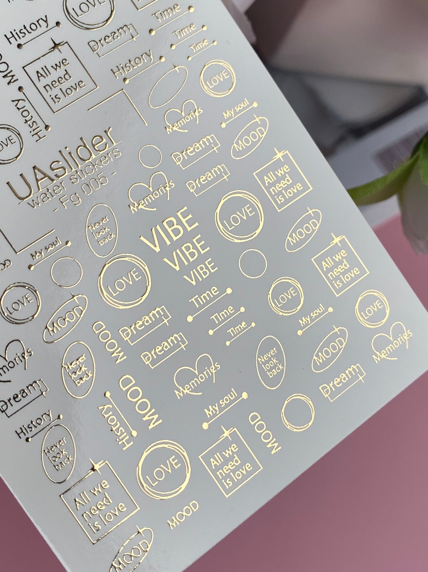 Nail Water Decal Fg-005 | Minimalist Water Slide Nail Decals with Gold Foil Quotes | Love, Mood & Vibe