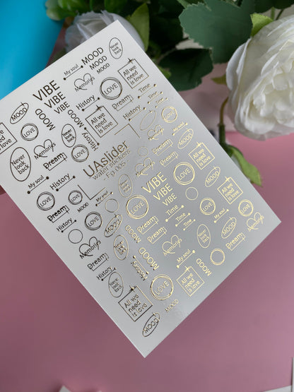 Nail Water Decal Fg-005 | Minimalist Water Slide Nail Decals with Gold Foil Quotes | Love, Mood & Vibe