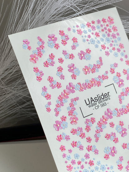 Nagel Water Decal CF-583 | Water Slide Nagelstickers met Roze en Blauwe Bloemen | Kleine Bloemige Nagelkunstontwerpen