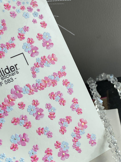 Nagel Water Decal CF-583 | Water Slide Nagelstickers met Roze en Blauwe Bloemen | Kleine Bloemige Nagelkunstontwerpen