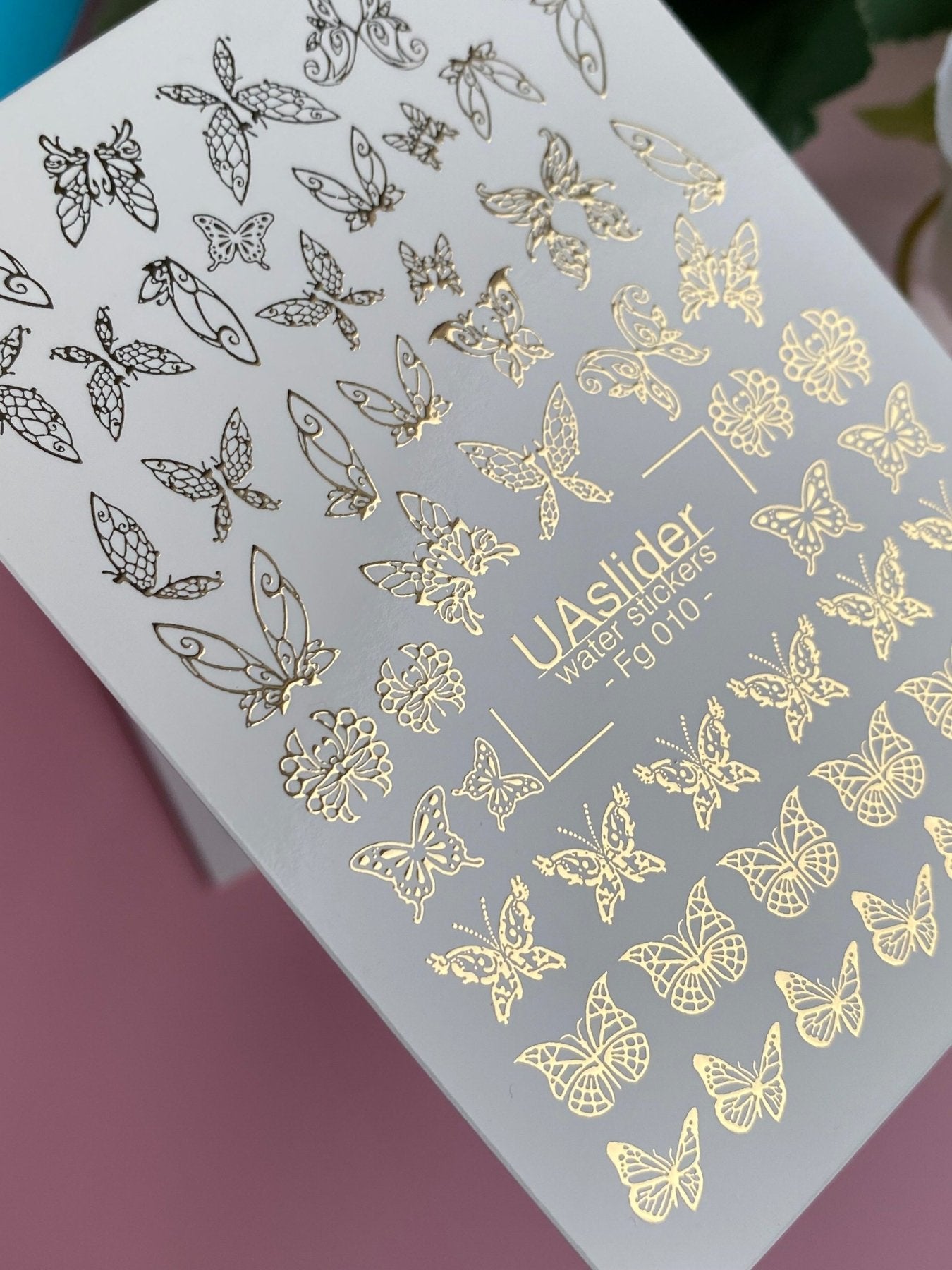 Nail Water Decal Fg-010 | Butterfly Water Slide Nail Decals with Gold Foil | Elegant Insect Designs - UASLIDER