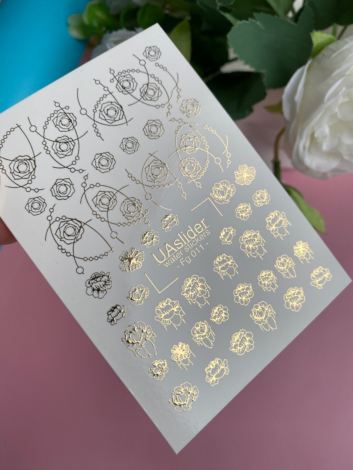 Nail Water Decal Fg-011 | Floral Water Slide Nail Decals with Gold Foil | Roses & Peonies - UASLIDER