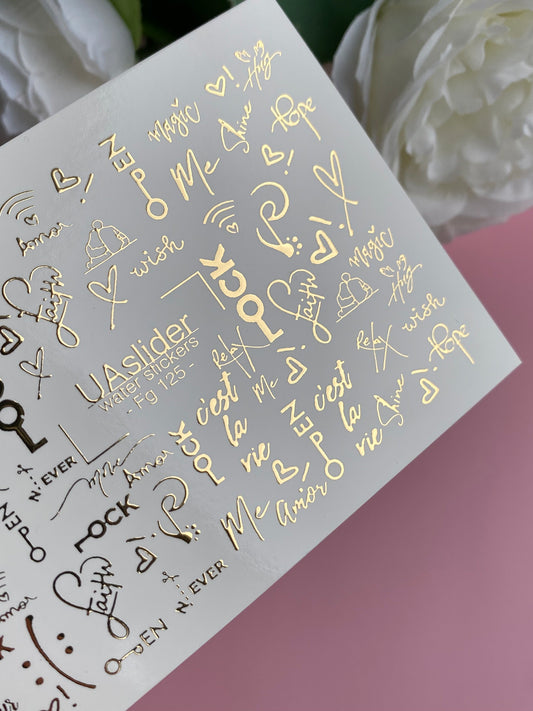 Nail Water Decal Fg-125 | Water Slide Nail Decals with Gold Quotes & Keys | Romantic Modern Style